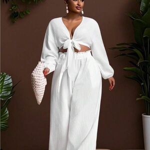 Women's White Tie-Front Top and pants - linen like fabric